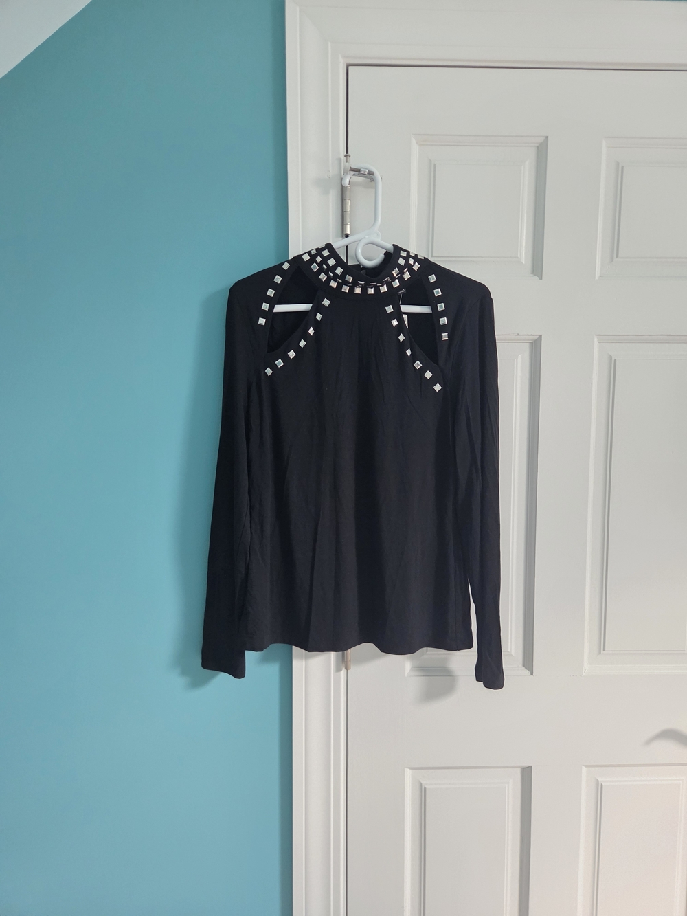INC International Concepts Black Long-Sleeve High Neck Top with Silver Studs